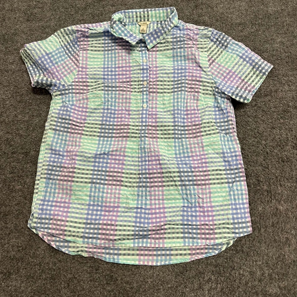 L.L.Bean Button Up Shirt Womens Size S Multicolor Plaid Cotton Short Sleeve Top